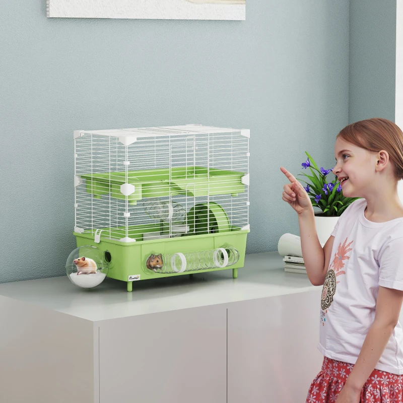 PawHut Cușcă pentru Hamsteri cu 2 Nivele și 3 Uși cu Roată și Tuburi, din Oțel, PS și PP, 44.5x28x44 cm, Verde și Alb