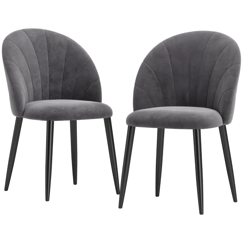 HOMCOM Set da 2 Sedie da Pranzo in Velluto Imbottite con Schienale a Conchiglia e Gambe in Metallo, Grigio