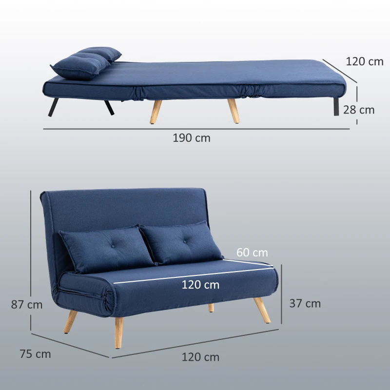 HOMCOM Two-Seater Linen-Look Sofa Bed - Dark Blue