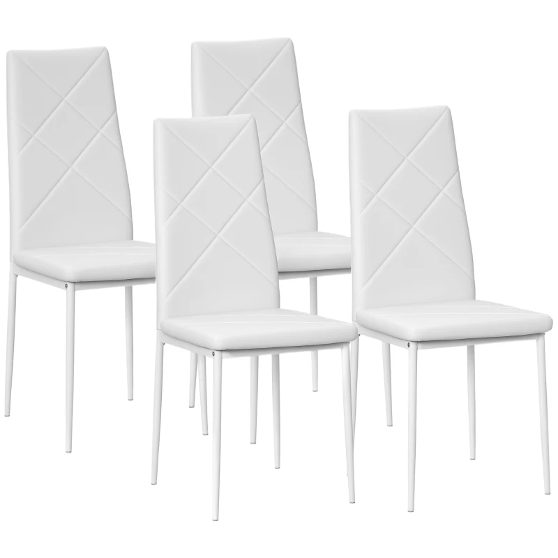 HOMCOM Set de 4 Sillas de Comedor Tapizadas de Piel Sintética con Respaldo Alto y Patas de Acero 41x50x97 cm Blanco