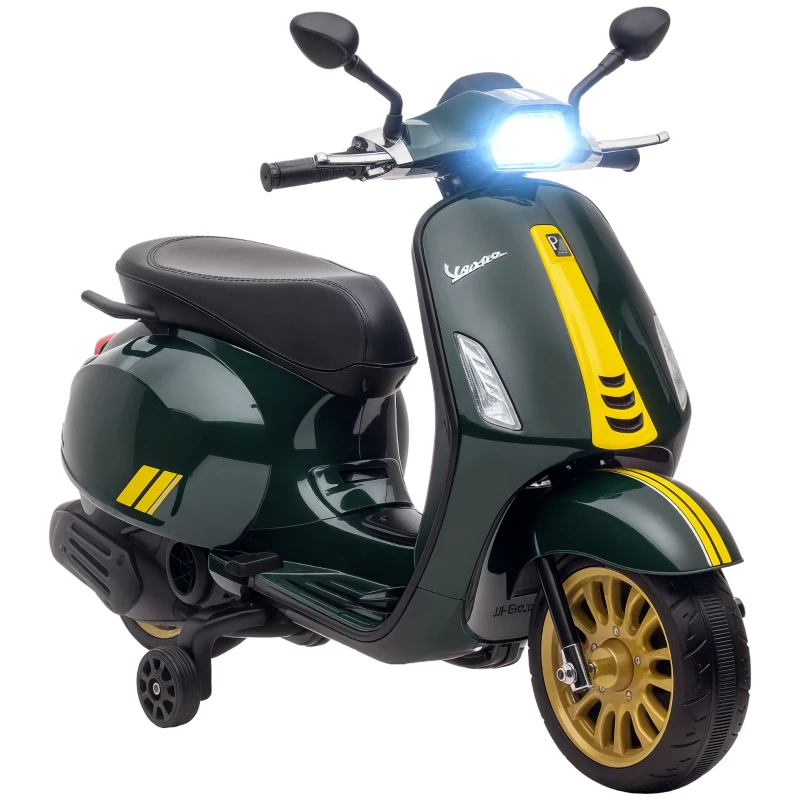 AIYAPLAY 12V Vespa Licensed Kids Electric Motorbike w/ Music, Headlights, FM Radio, for 3-6 Years - Green