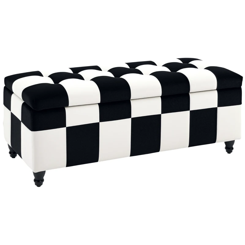 HOMCOM Storage Ottoman, Storage Bench with Wood Legs, Footstool, Footrest with Velvet Surface for Bedroom, Hallway, Living Room, 114 x 47 x 47 cm, White and Black