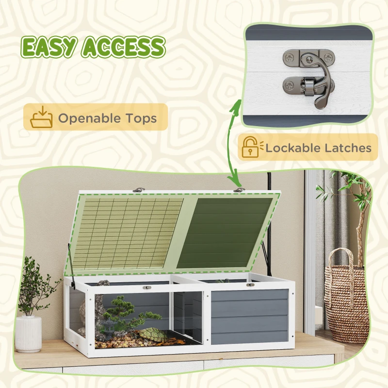 PawHut Tortoise Table with Adjustable Lamp Holder, Wooden Tortoise House w/ Openable Lids, Pull-Out Trays - Grey