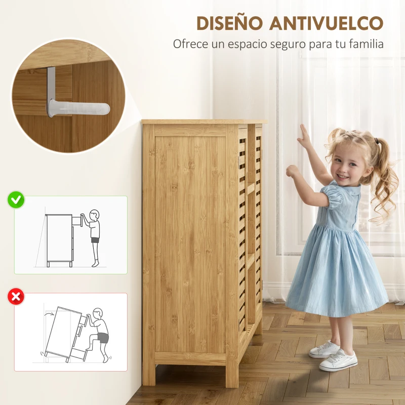 HOMCOM Zapatero con 2 Puertas de Bambú de Lamas Estantes y Compartimentos Abiertos para 9 Pares de Zapatos 100x33x86 cm Natural