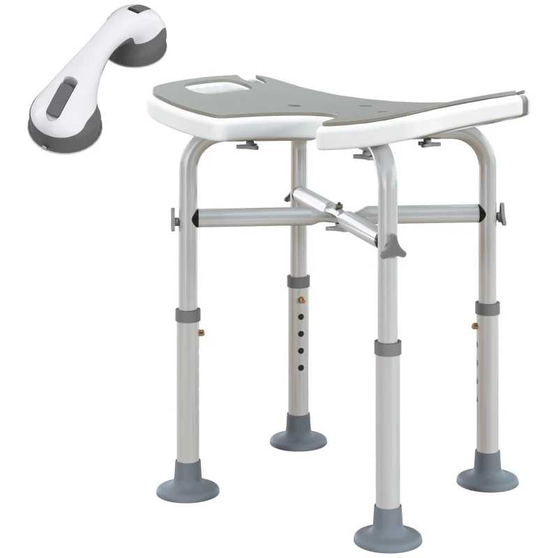 HOMCOM Sgabello da doccia con altezza regolabile e barra di sostegno a ventosa, 39-51,5 cm, Grigio