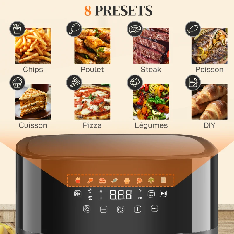 HOMCOM Friteuse à air 8 L air fryer 1700 W 8 programmes, écran tactile LED, température réglable et minuterie, noir