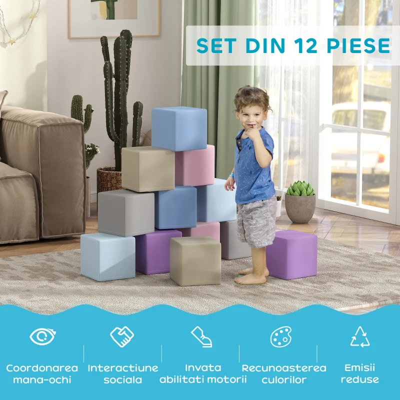 HOMCOM Set 12 Cuburi de Jucărie Moi pentru Copii 12-36 Luni, 20x20x20 cm, Multicolor Deschis