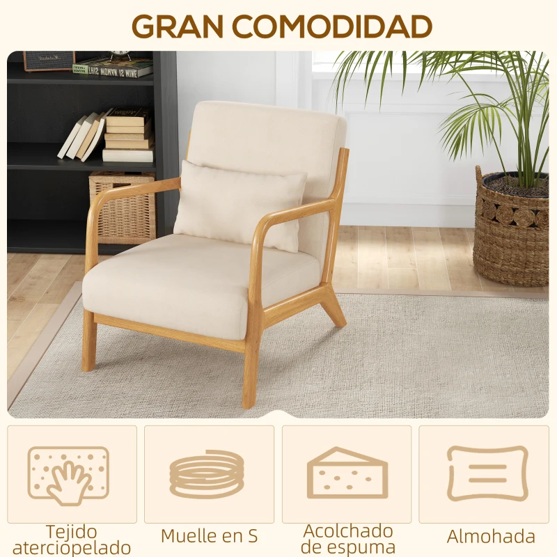 HOMCOM Butaca Nórdica Sillón de Salón Acolchado con Reposabrazos Cojín y Marco de Madera de Caucho 61x78x76 cm Beige(m-4)