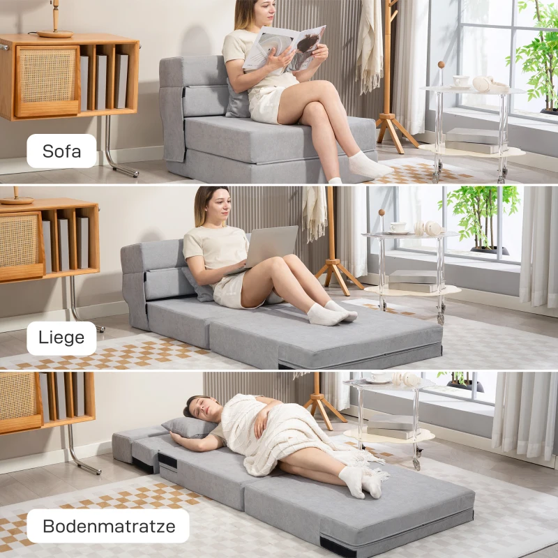 HOMCOM Bodensofa, Polstercouch, in Matratze umwandelbar, Schaumstoff, Kissen, Hellgrau(m-4)