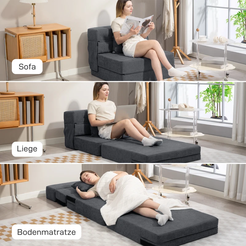 HOMCOM Bodensofa, Polstercouch, in Matratze umwandelbar, Schaumstoff, Kissen, Dunkelgrau(m-4)