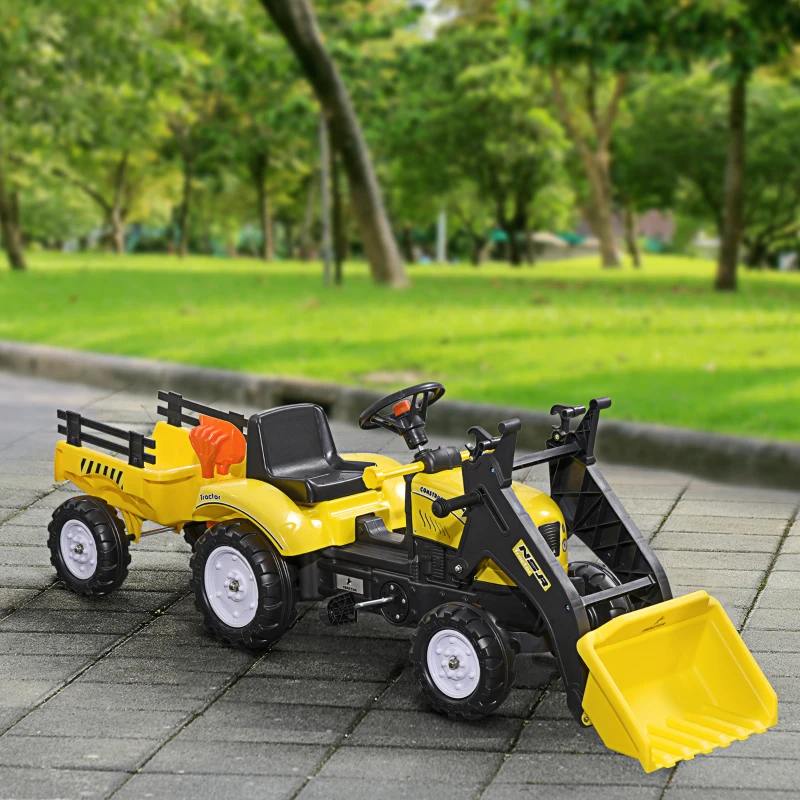 HOMCOM Tractor a Pedales para Niños de 3 Años Excavadora Infantil con Remolque Extraíble y Pala Delantera 167x41x52 cm Amarillo