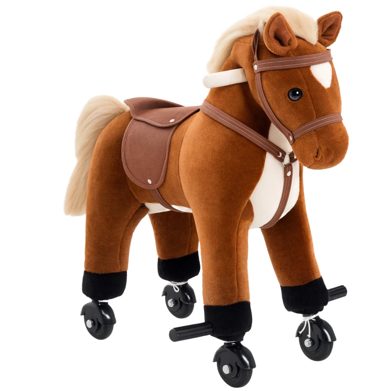 HOMCOM Jouet cheval pour enfant de +24 mois avec 4 roulettes, effet sonore, repose-pieds et guidon, 55x23x60 cm Marron(m-10)
