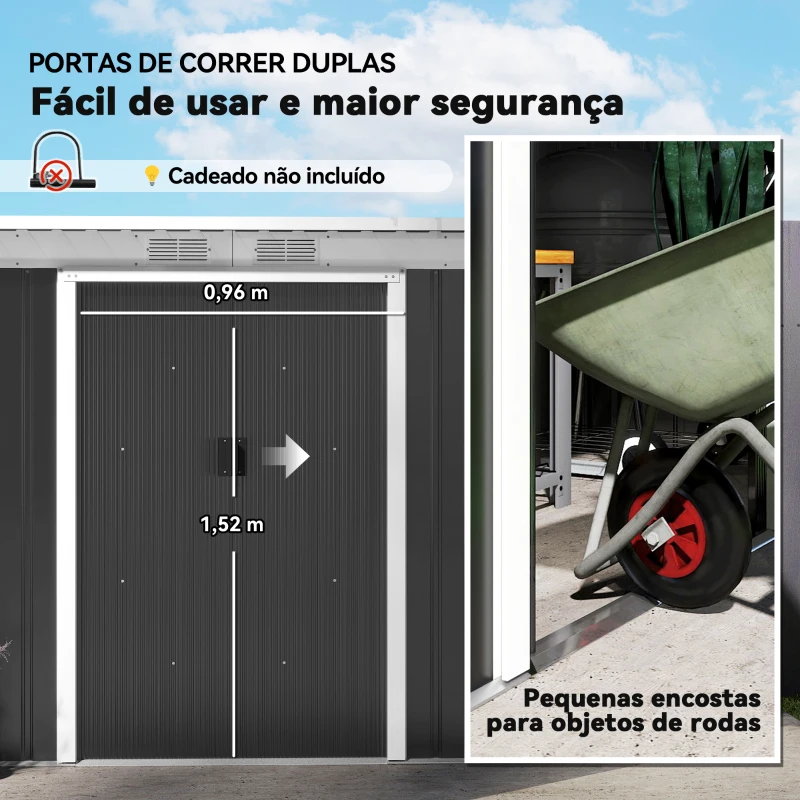 Outsunny Abrigo de Jardim 280x130x172cm Abrigo de Exterior de Aço Galvanizado com Porta Corredeira e Ventilações Cinza Escuro