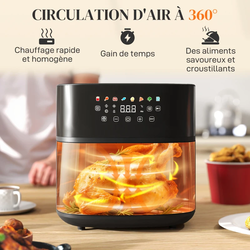 HOMCOM Friteuse à air 8 L air fryer 1700 W 8 programmes, écran tactile LED, température réglable et minuterie, noir