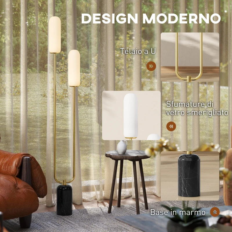 HOMCOM Lampada da Terra a U con 2 Luci, Interruttore a Pedale e Base in Marmo, 26x12x150 cm, Bianco Nero e Oro