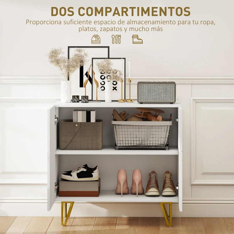 HOMCOM Aparador de Entrada con 2 Puertas y Estantes Ajustables para Cocina Sala 80x40x75 cm Blanco Brillo