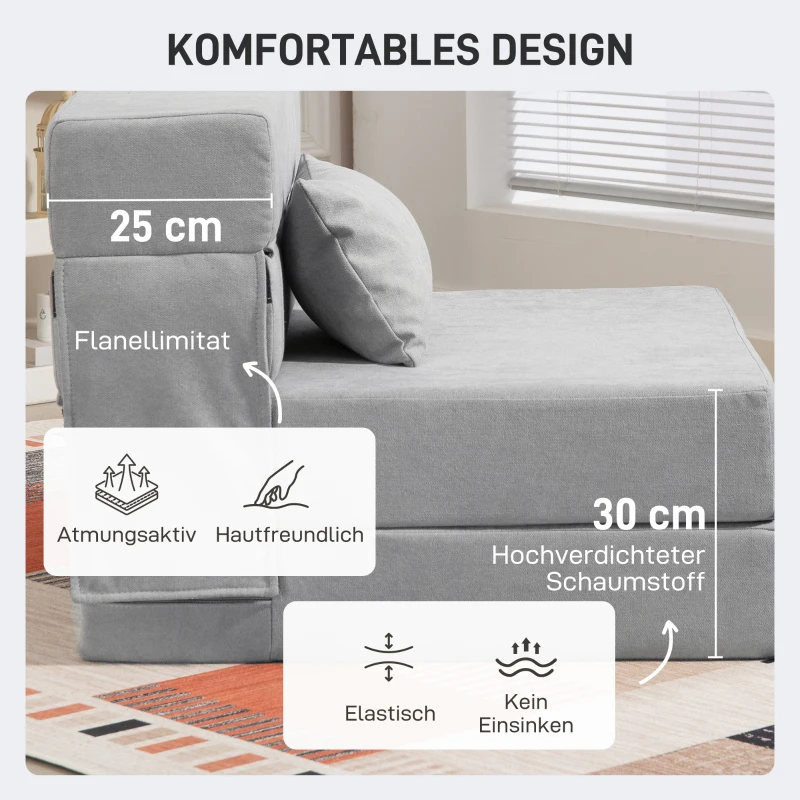 HOMCOM Bodensofa, Polstercouch, in Matratze umwandelbar, Schaumstoff, Kissen, Hellgrau(m-5)