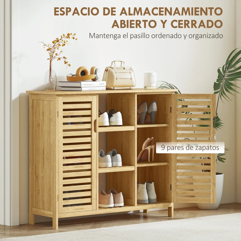 HOMCOM Zapatero con 2 Puertas de Bambú de Lamas Estantes y Compartimentos Abiertos para 9 Pares de Zapatos 100x33x86 cm Natural