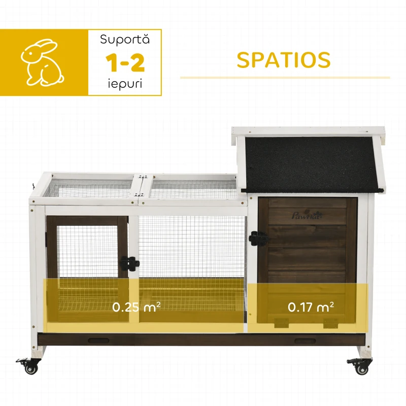 PawHut Cușcă pentru Iepuri din Lemn cu Roți, Acoperiș Rabatabil, Uși și Tavă Detașabilă, 108x58x73.5 cm, Maro