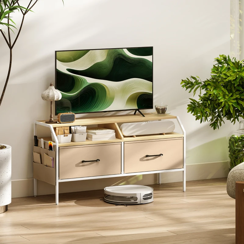 HOMCOM TV Stand Cabinet, TV Unit for 55-inch TVs with 2 Foldable Fabric Drawers, 5 Divided Side Pockets, Open Shelves, Console Table for Living Room, Bedroom, Entertainment Room, Natural Wood Finish