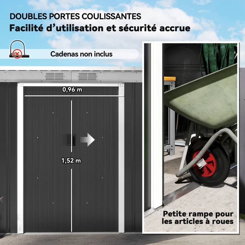 Outsunny Abri de Jardin 3,6 m² Remise à Outils avec kit de fondation en Acier galvanisé avec Portes coulissantes, dim. 280L x 130l x 172H cm, Gris-Noir(m-5)