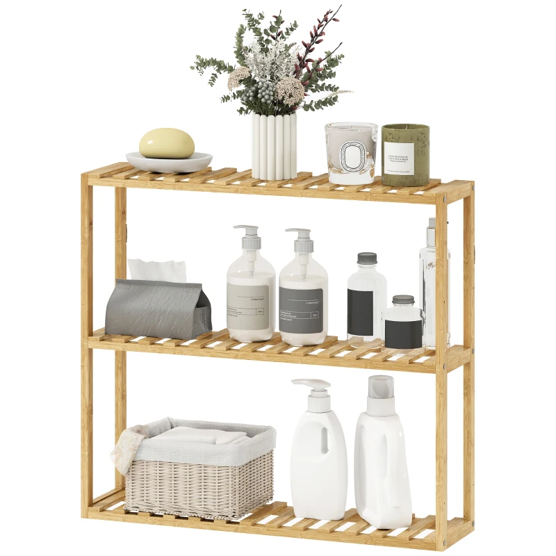 HOMCOM Scaffale da bagno in bambù regolabile, scaffale da bagno a 3 livelli, 60 x 15 x 54 cm, effetto legno naturale
