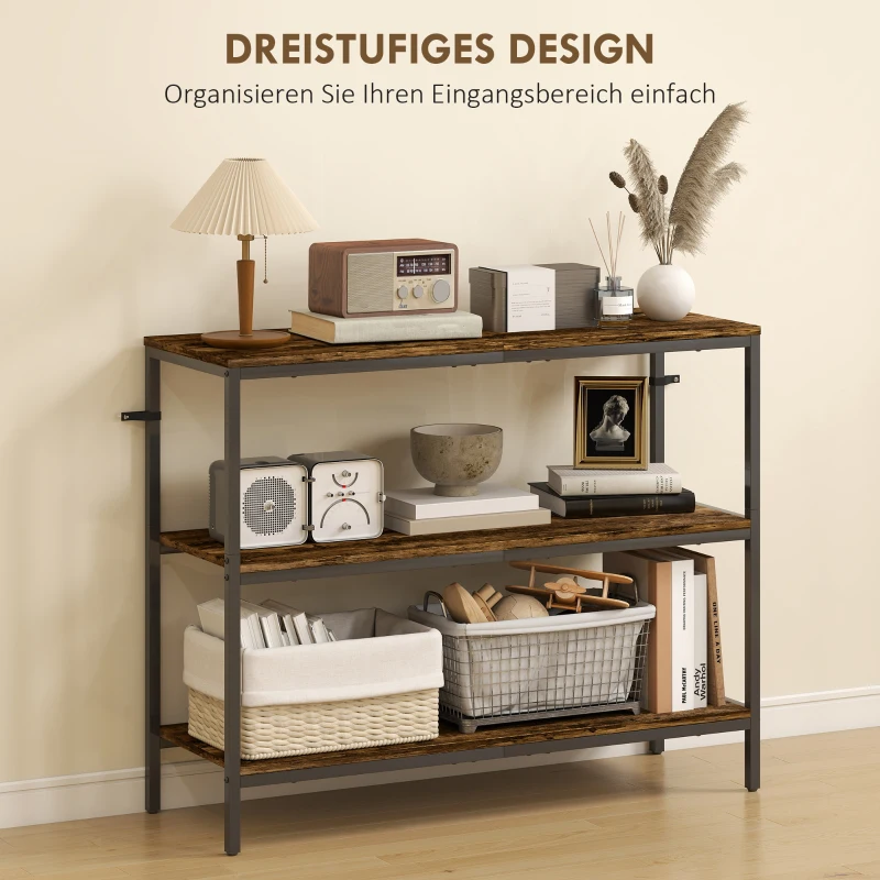 HOMCOM Konsolentisch, Beistelltisch z 3 poziomą półką, Płyta wiórowa, Metal, Jasnobrązowy