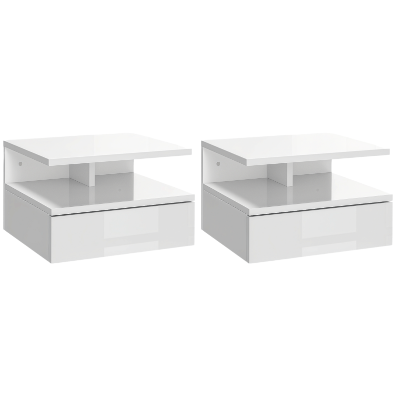 HOMCOM Juego de 2 Mesitas de Noche Colgantes con 1 Cajón y Estante Abierto para Dormitorio 35x32x22,5 cm Blanco