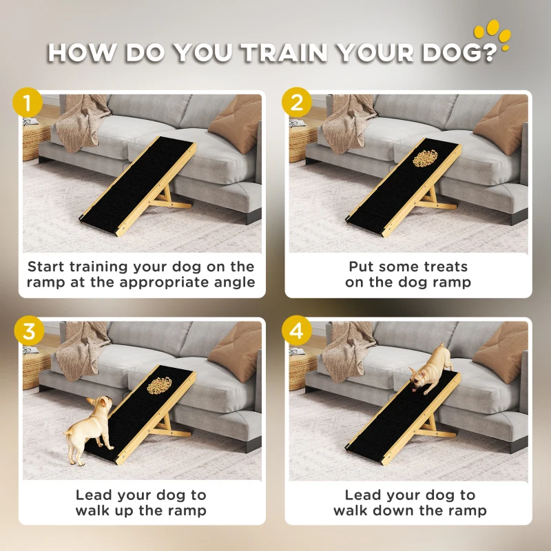 PawHut Rampa para Animais de Estimação de Madeira com Altura Ajustável em 4 Níveis para Cães Pequenos e Médios 83,5x35x47,5 cm Natural