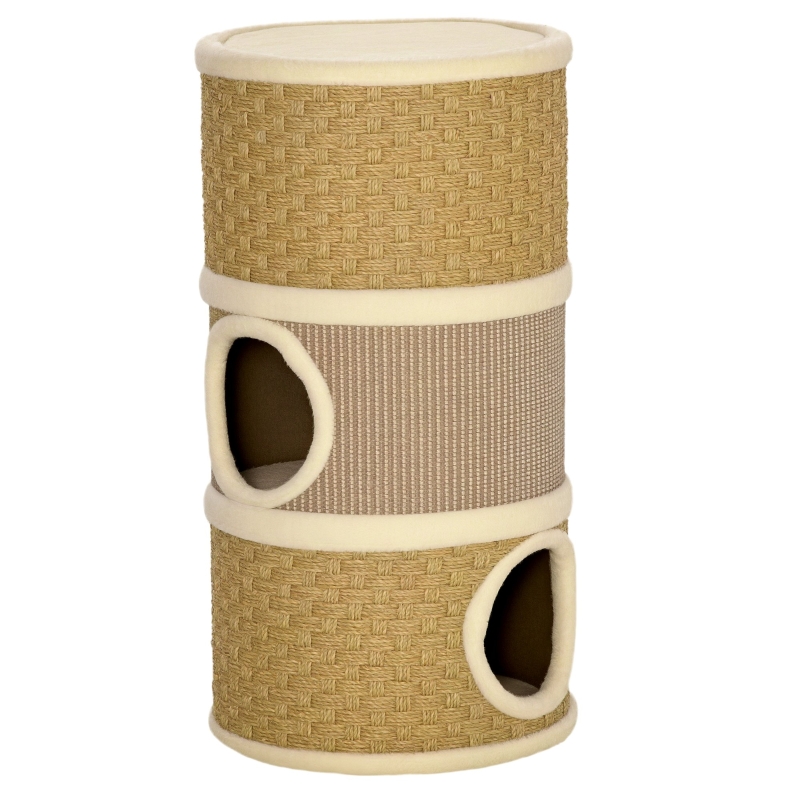 Casetta Tiragraffi Per Gatti PawHut Con 3 Cucce, Corda Sisal E Peluche - Torre Gioco 70cm Khaki/Marrone - Foto 5