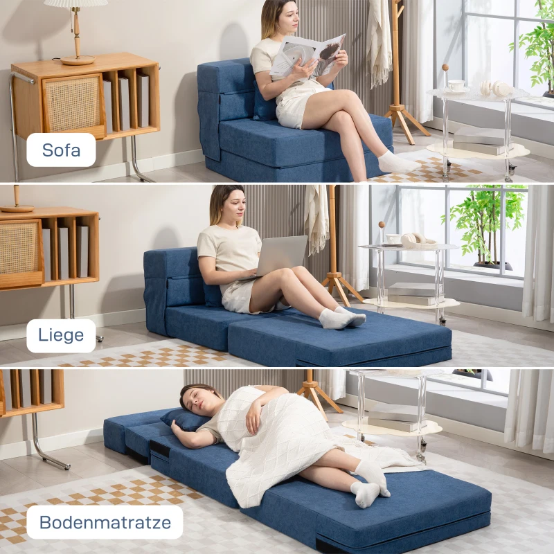 HOMCOM Bodensofa, Polstercouch, in Matratze umwandelbar, Schaumstoff, Kissen, Dunkelblau(m-4)