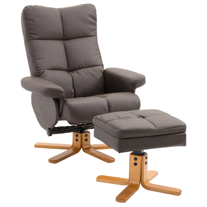 HOMCOM Recliner Armchair, Swivel Reclining Chair With Ottoman, Swivel Faux Leather Chair with Wooden Base and Storage Footstool for Living Room, Brown(m-14)