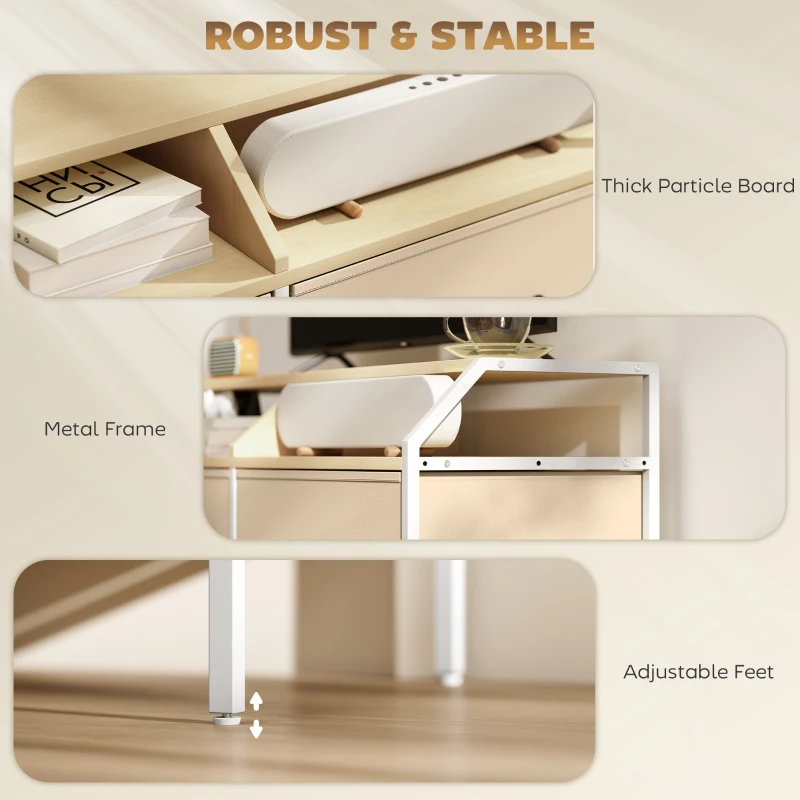 HOMCOM TV Stand Cabinet, TV Unit for 55-inch TVs with 2 Foldable Fabric Drawers, 5 Divided Side Pockets, Open Shelves, Console Table for Living Room, Bedroom, Entertainment Room, Natural Wood Finish