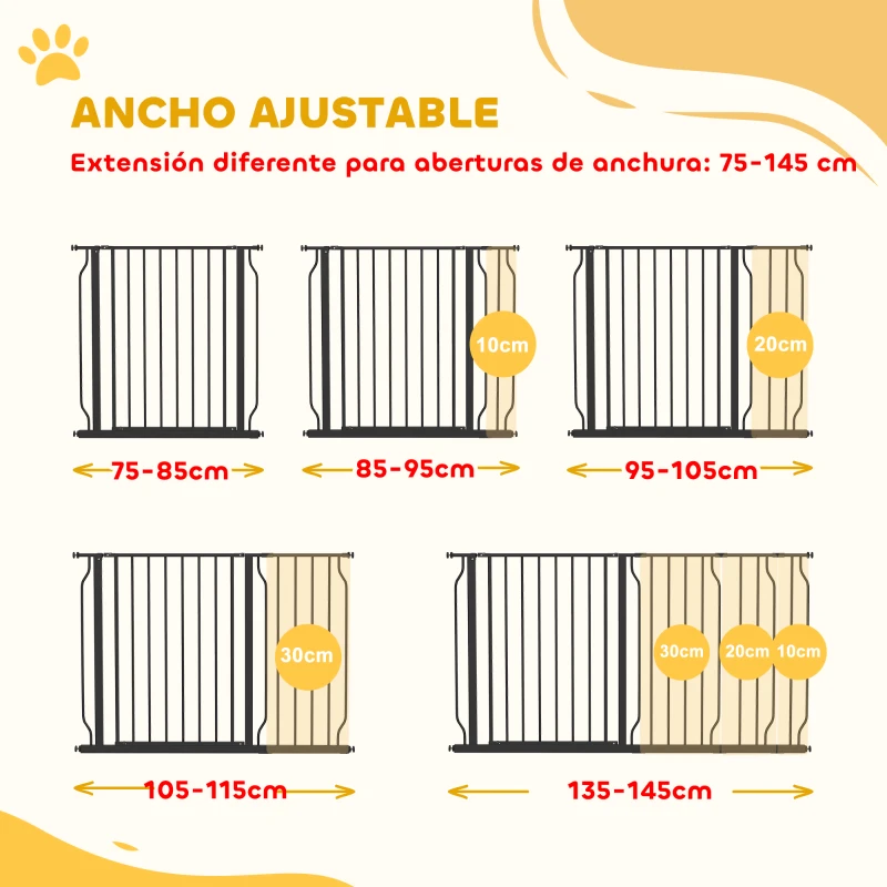 PawHut Barrera para Mascotas con 3 Extensiones Montaje a Presión Doble Bloqueo para Puerta Pasillo Escalera 75-145x76 cm Negro