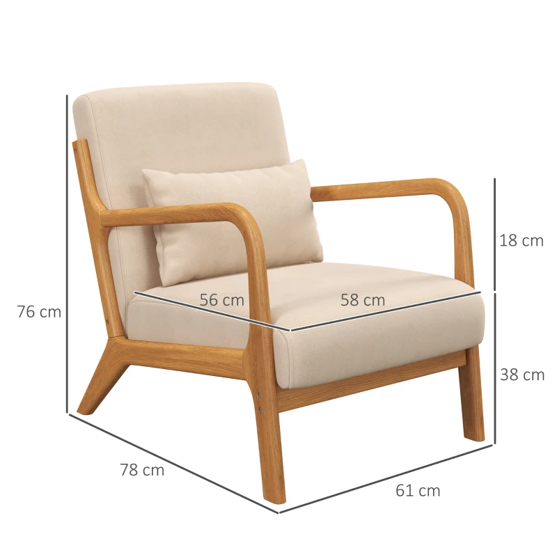HOMCOM Butaca Nórdica Sillón de Salón Acolchado con Reposabrazos Cojín y Marco de Madera de Caucho 61x78x76 cm Beige(m-3)
