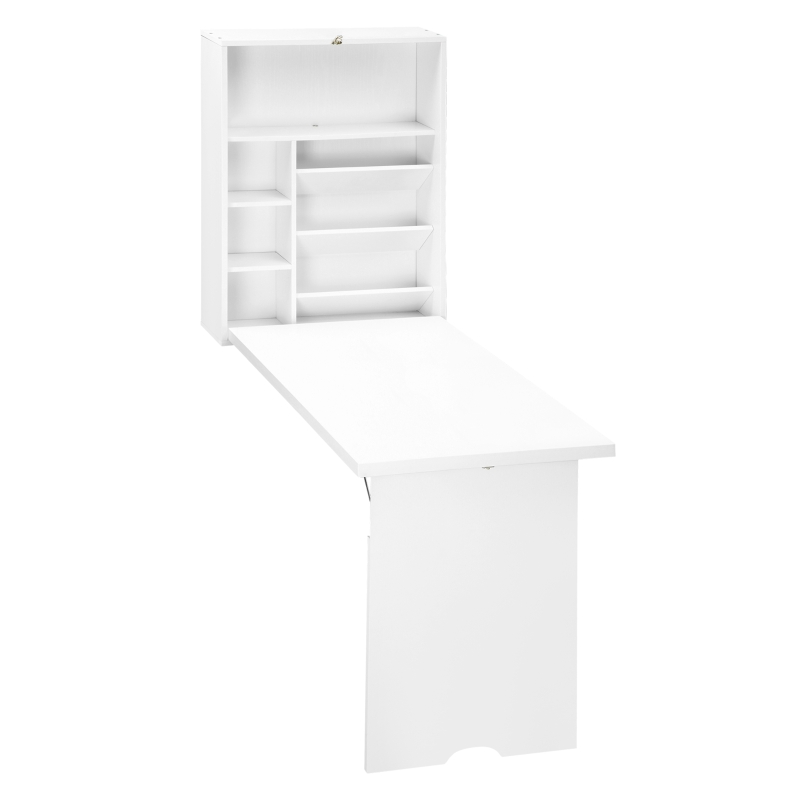 HOMCOM Klappbarer Wandtisch, wandmontierter Klappschreibtisch mit Regalen für Wohnzimmer, Esszimmer, Home Office, 93,8 x 60 x 147 cm, weiß
