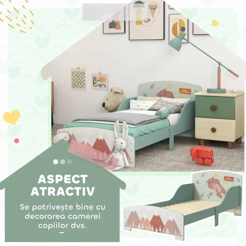 ZONEKIZ Pat pentru Copii 3-6 Ani cu Margini Înălțate și Design cu Animale, 77x143x60 cm, Verde