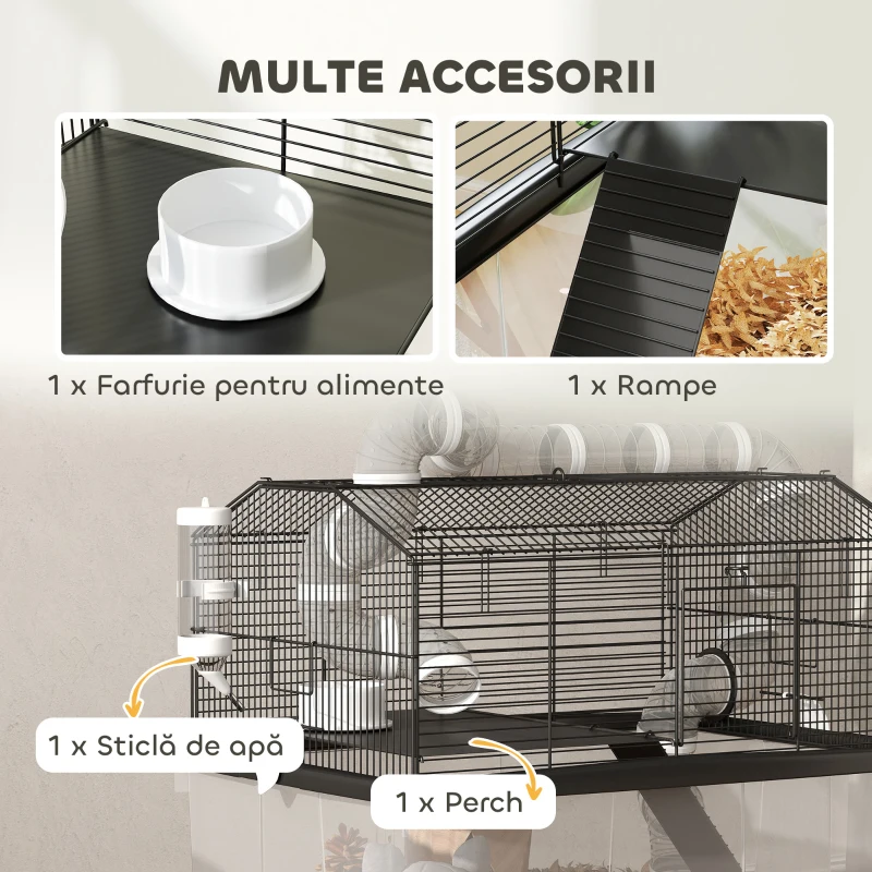 PawHut Cușcă pentru Hamsteri cu 2 Niveluri, Bază Adâncă, Roți, Tuburi, Bol, Sticlă de Apă și Rampă, 58x43x57 cm, Negru