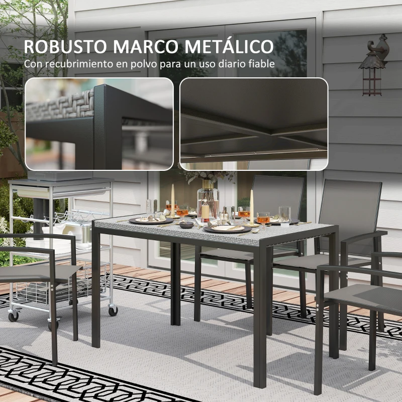 Outsunny Mesa de Comedor de Jardín Exterior de Ratán Sintético para 4 Personas con Estructura de Metal 120x70x72 cm Gris y Negro