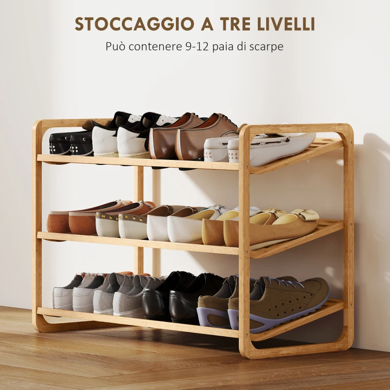 HOMCOM Scaffale Scarpiera a 3 Livelli per 12 Scarpe con Ripiani a Doghe in Bambù, 76x33x50.8 cm, Colore Legno