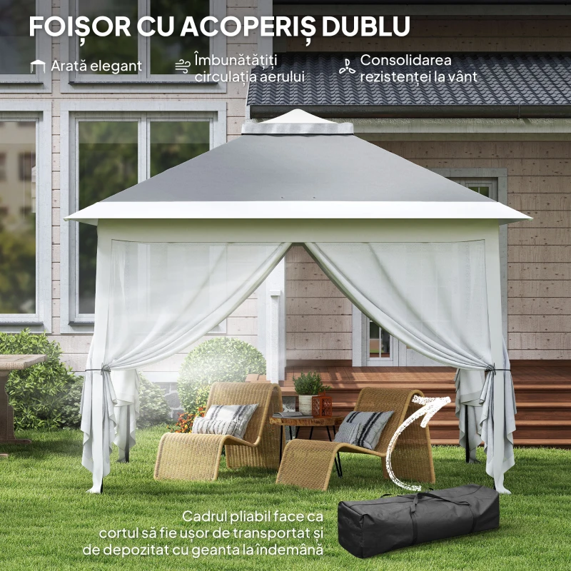 Outsunny Foișor Pliabil cu Plasă de Țânțari, Baldachin Dublu, Înălțime Reglabilă și Geantă, 330x330x288 cm, Bej(m-4)