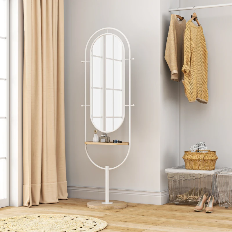 HOMCOM Miroir sur Pied Entier 175,5x50 cm avec Plateau en Bois 4 Crochets et Cadre en Métal pour Salon Chambre Blanc