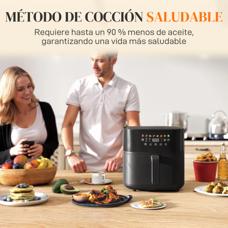 HOMCOM Freidora de Aire 8 L 1700 W Circulación de Aire Caliente a 360° Temperatura Regulable 80-200°C 8 Programas Negro