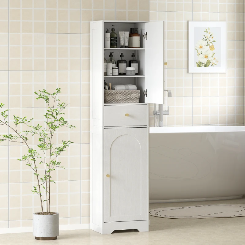 HOMCOM Armario Alto de Baño Estrecho con 2 Puertas Arqueadas Cajón y Estantes Ajustables Moderno 40x29,5x170 cm Blanco Veteado
