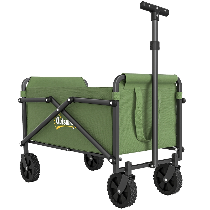 Outsunny 62L Festival Trolley on Wheels, Portable Small Folding Trolley Cart, 60kg Heavy Duty Collapsible Foldable Wagon with Adjustable Handle and Carrying Bag for Beach, Camping, Garden, Green