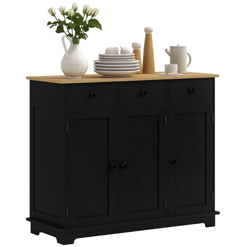 HOMCOM Sideboard with Rubberwood Top and Adjustable Shelves for Dining Room, Kitchen - Black Wood-Effect