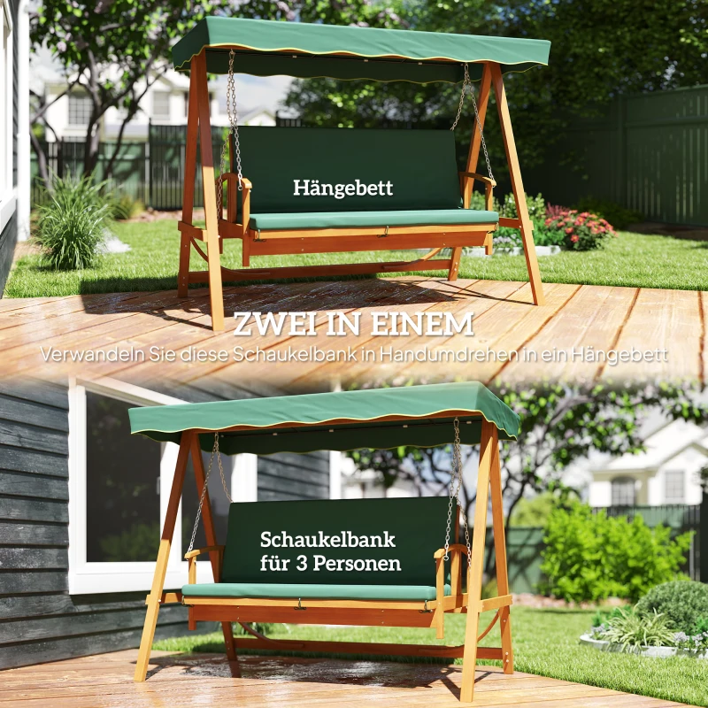 Outsunny Hollywoodschaukel mit Sonnendach, Echtholz-Gartenschaukel, Schaukelbank mit Liege-Funktion, für 3 Personen, Dunkelgrün(m-4)