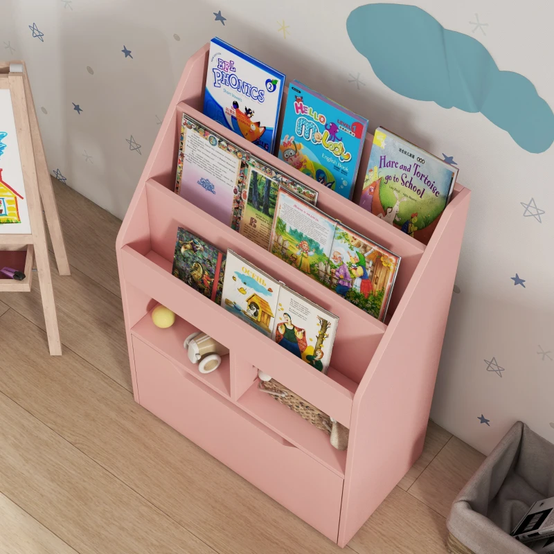 HOMCOM Kinderrek met Lade en Boekenrek met Vakken, 60 x 29,9 x 90 cm, Roze(m-9)