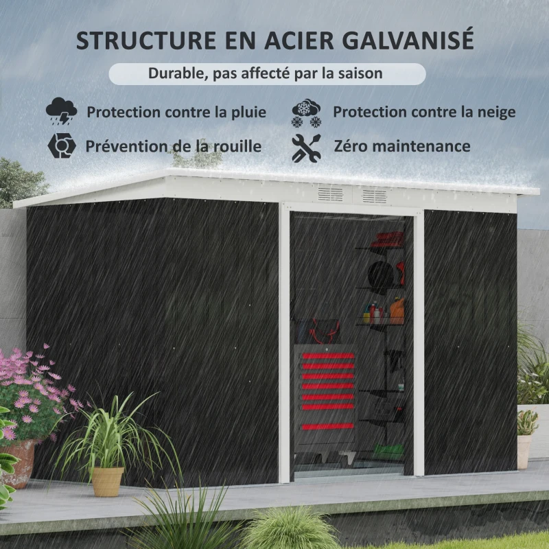 Outsunny Abri de Jardin 3,6 m² Remise à Outils avec kit de fondation en Acier galvanisé avec Portes coulissantes, dim. 280L x 130l x 172H cm, Gris-Noir(m-4)