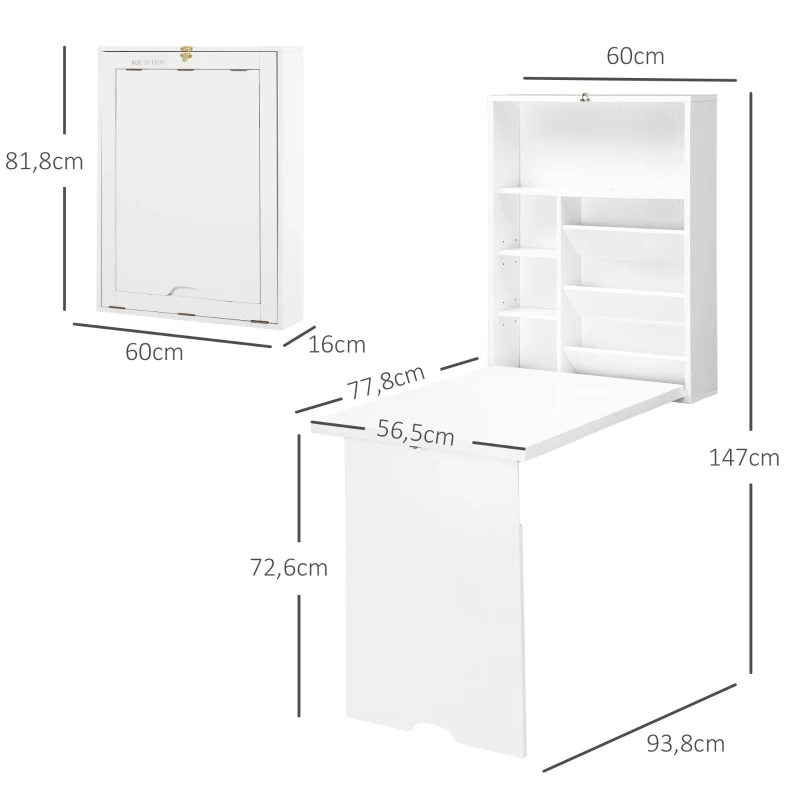 HOMCOM Klappbarer Wandtisch, wandmontierter Klappschreibtisch mit Regalen für Wohnzimmer, Esszimmer, Home Office, 93,8 x 60 x 147 cm, weiß